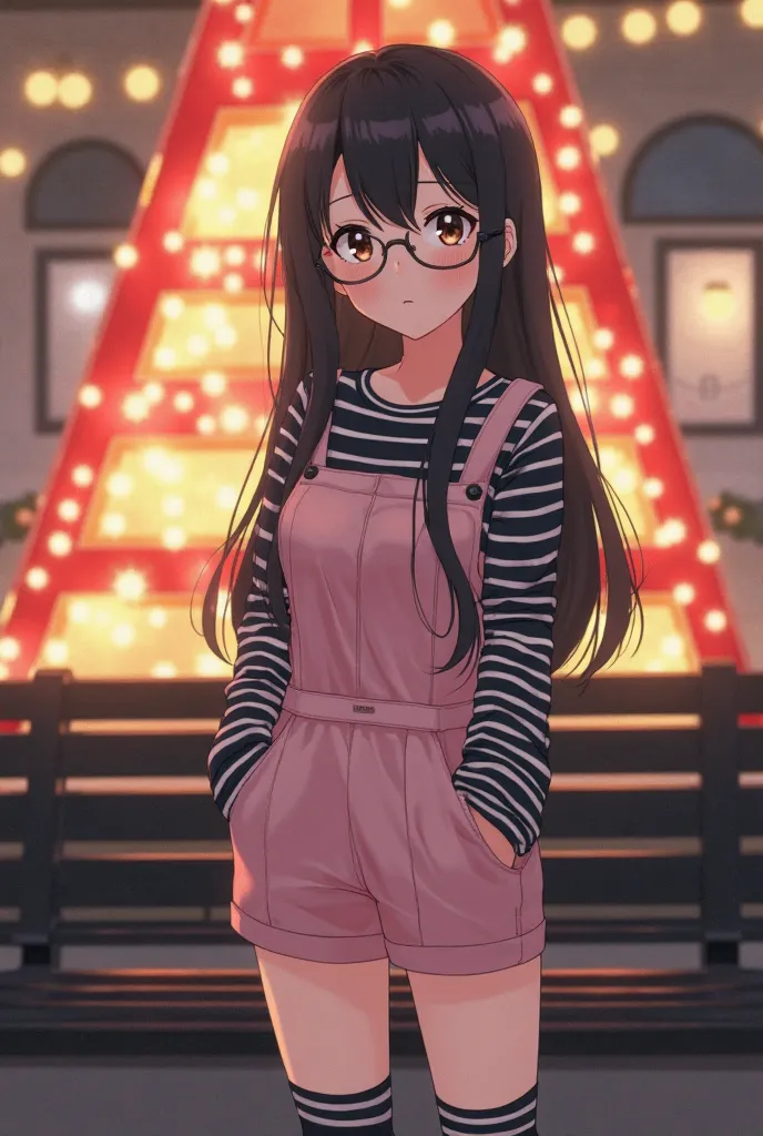  here's a description of the image:

**Summary in a sentence :** A young anime woman wearing glasses and a pink jumpsuit poses cheerfully next to a Christmas decoration.

** detailed description :**

The image shows a young woman with long black hair that ...