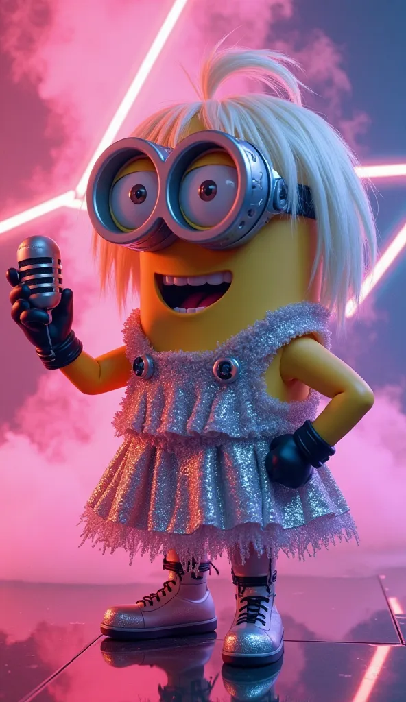 A Minion with platinum blonde hair and a shiny futuristic dress, holding a microphone and making an extravagant pose. Background with colored lasers and smoke. neon cyberpunk style,  stylized 3D rendering.