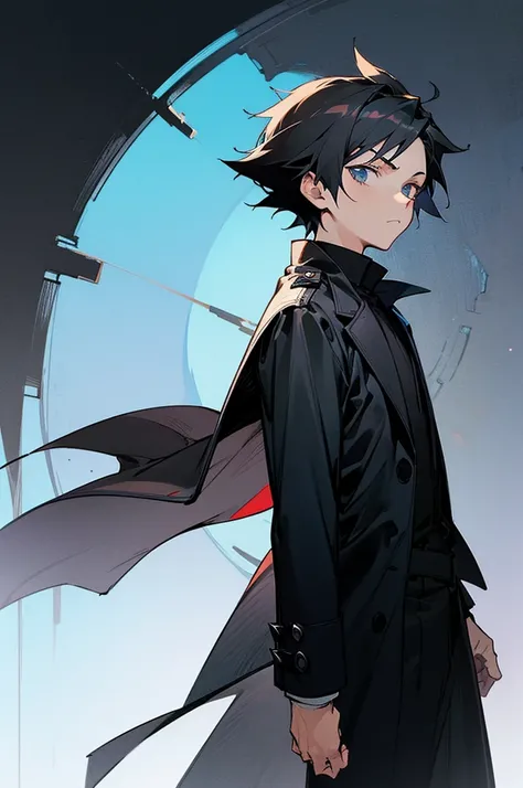 Draw a young, dark-haired anime character with short, spiky hair,  wearing a black overcoat, standing against a dark background, with a serious expression and looking at the sky 