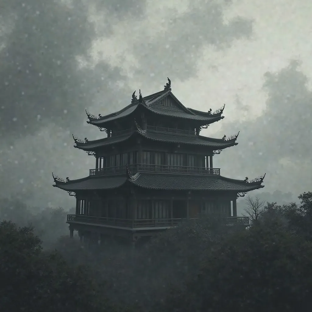 3-story Chinese house with grayscale cloud background 