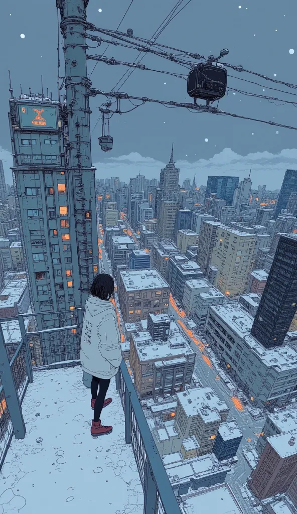 Live Action、Genuine、 A snowy cityscape taken from a high place with a fisheye lens、It looks like a small planet、Train running through snow、Night view with lights、A cute and beautiful Japanese high school girl is standing on top of a tower 、white mountain h...