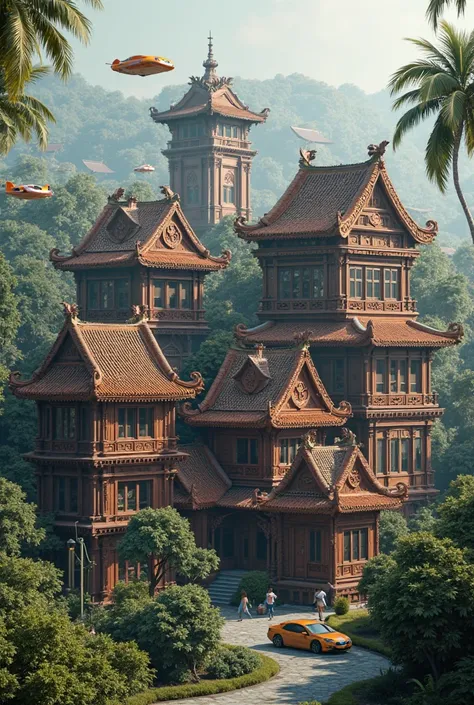 Traditional Malay houses from the era of the Malay Sultanate of Melaka with a modern combination from the future such as holographic and flying cars