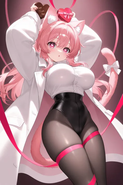 、   best thighs、  beautiful skin、high resolution、   Long Coat  、 pink hair、salmon pink eyes、  black tights、cat tail、Beautiful breasts、E Cup、 Valentine、 Heart Eyes 、 illustrations