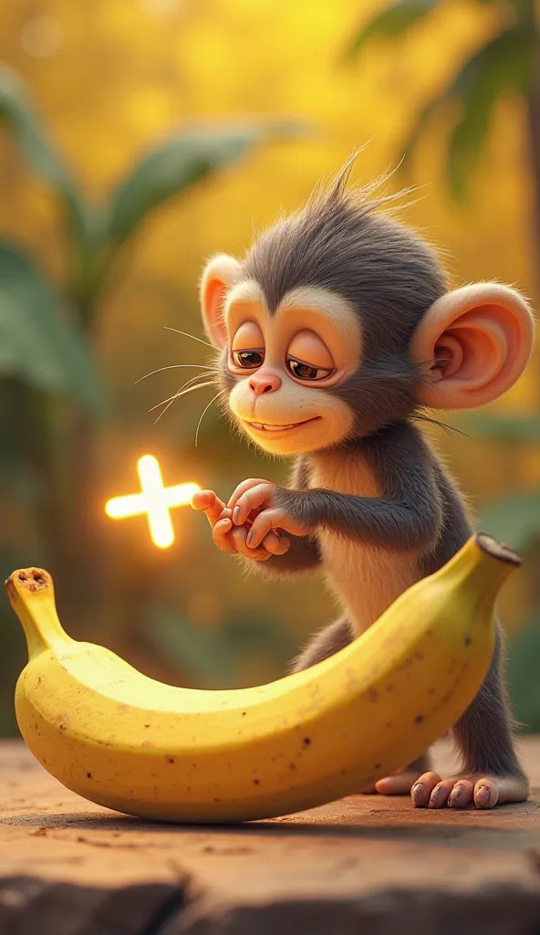 "A playful monkey holding a ripe banana, examining it with curiosity. A glowing '+' symbol appears between them, teasing an exciting fusion