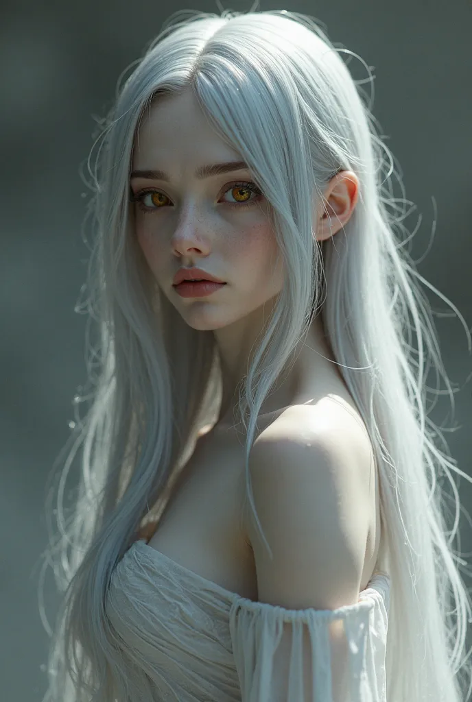 female humanoid pale gray color skin, dark silver long hair, ambar eye, elgant