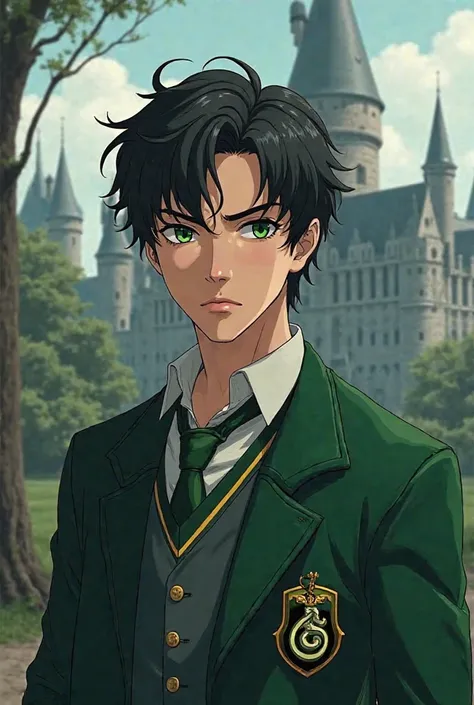 18-year-old, with more defined features, more masculine, anime style wearing a slytherin uniform, Hogwarts, light tan skin, uniform green eyes like Esmeraldas with slightly disheveled hair