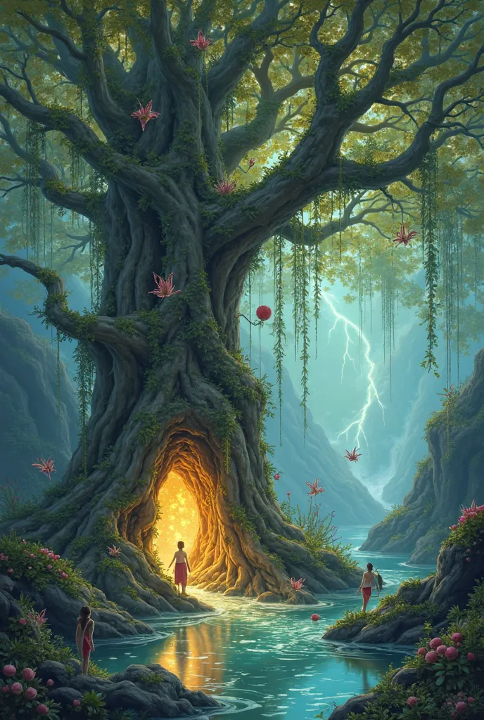 High quality illustration of a giant cherry tree that has been hollowed out with fae living inside. Inside of tree is detailed and magical
