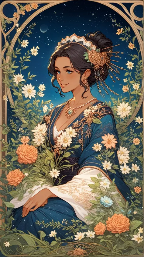 Surrounded by Art Nouveau leaves and flowers,
a Japanese woman with neat black hair, a middle-aged woman with a gentle smile, sits quietly.
The background is a gradation of beige and blue lines,
creating a cosmic mysticism.
Her clothes are made of flowing ...