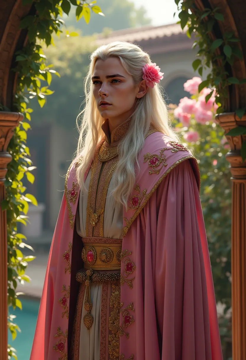  Rhaegar Targaryen is in a medieval Turkish garden, , is wearing flowing pink clothes with gold details and is wearing a blossoming pink flower as an ornament in her hair.