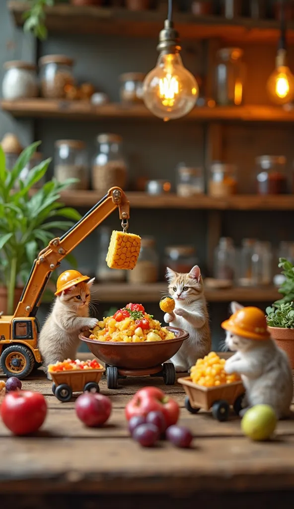 
n this charming and lively scene, a team of tiny cats is hard at work in a miniature construction site, preparing a vibrant Thai fruit som tam (papaya salad) 🍎🍍🍇.

One cat, wearing a tiny construction helmet, operates a small crane to lift a chunk of pine...