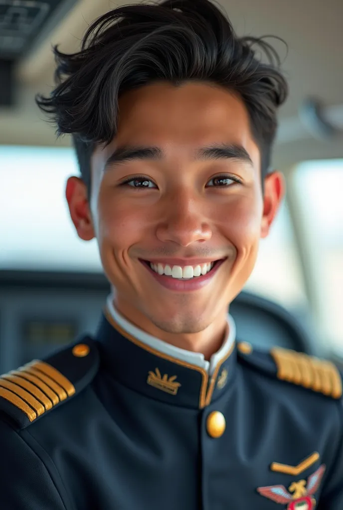 A young male  wearing the flight captain's uniform and his eyes are black and his features are happy