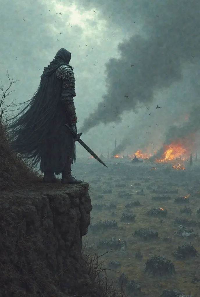 A hooded, armored figure, cloaked in shadows, stands atop a windswept, rocky cliff overlooking a vast battlefield. Smoke rises from burning siege engines and fallen warriors dot the landscape below. The figure clutches a sword, gazing out at the devastatio...