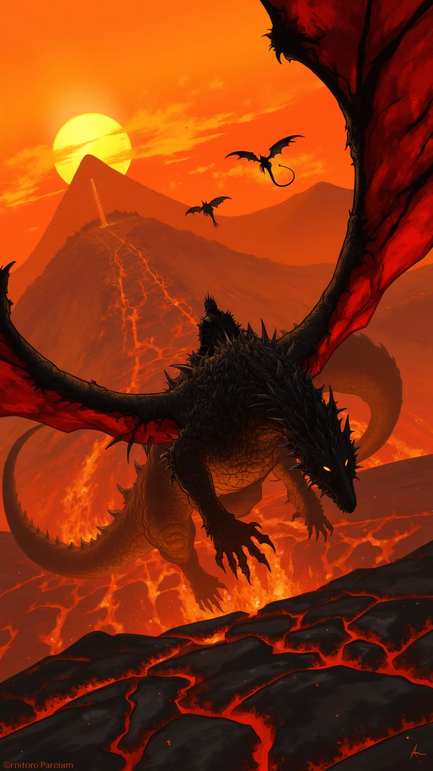 Digital fantasy artwork depicting a dramatic scene of a large, black dragon with fiery red wings soaring over a vast, molten lava landscape. The dragon's scales are intricately detailed, and its eyes glow with an intense, fiery hue. A lone rider, clad in d...