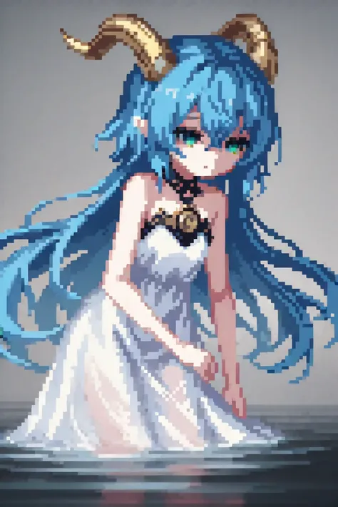  A Girl, blue horns,  blue hair,  expressionless face , veil, White dress,  short hair, 