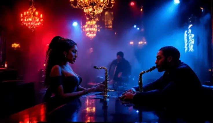 A smoky, upscale jazz club bathed in moody red and blue neon lights, casting deep shadows and reflections across the polished black marble bar. The air is thick with intrigue as a sultry beautiful ebony singer, draped in a form-fitting, elegant evening gow...