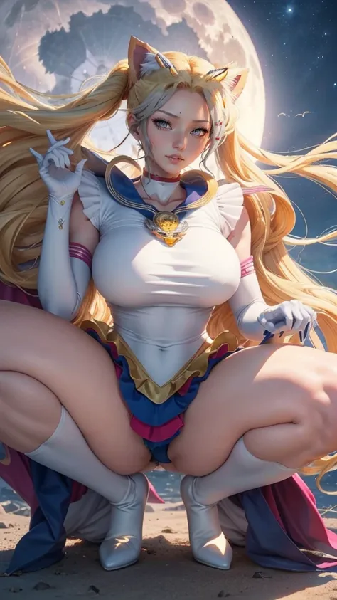 Sailor moon super s traje, 24 years old,  Realistic, 8K,  ultra detailed ,  perfect face,, long blonde hair , piercing blue eyes, (((squatting))), front view, perreo, full body, blue miniskirt, Red boots, , , voluptuous body,  on the Moon, big black cat , ...