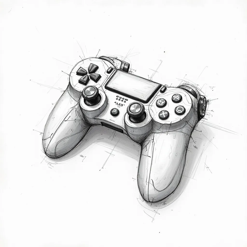 A rough industrial design concept sketch of a high-performance PC gaming controller. 
Hand-drawn with pencil or marker, featuring bold and dynamic lines, exploded views, and ergonomic grip studies. 
The sketch highlights key design elements: Hall Effect jo...