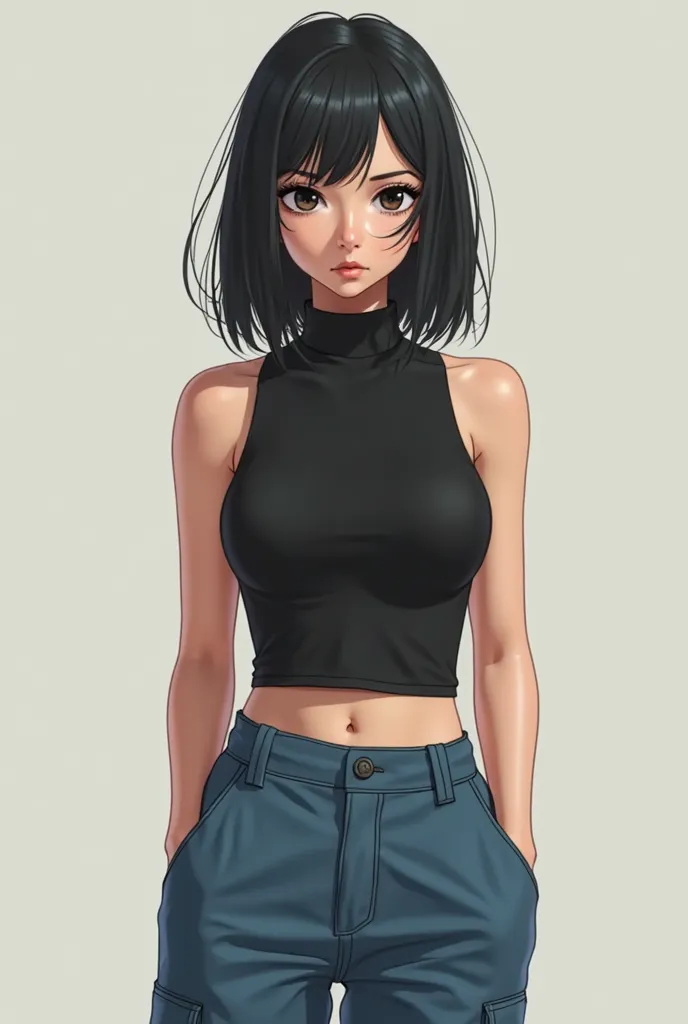 create an Asian girl with a serious look and slanted black eyes,  medium black hair , wearing a black sleeveless turtleneck short top dress, blue cargo pants and white shoes,  semi-realistic 