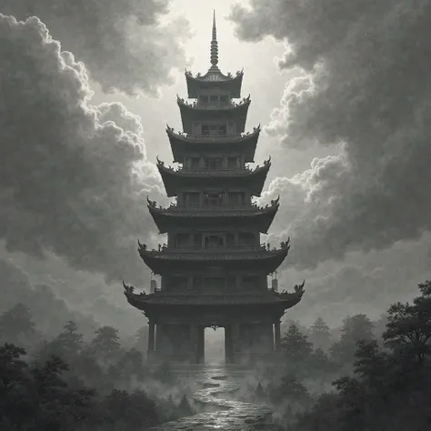 Elongated 5-story Chinese temple with greyscale cloud background with high contrast 