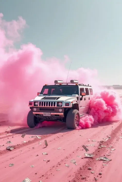 A lowered white Hummer with large wheels and black tinted windows speeding along a beach. As it moves, banknotes fly through the air. There are no people in sight. The ocean is pink, and thick smoke is pouring out from the Hummer's windows.