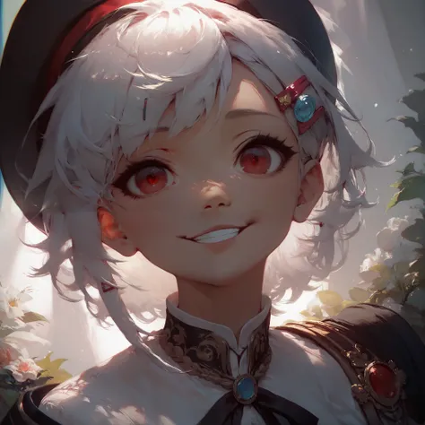 chambers,idol, Masterpiece ,best quality, white hair, red eyes,white shirt,(black formal hat),(hair clip:1.3),(Small native mouth:1.3), smile,High definition,4K,separate black sleeves, upper body,