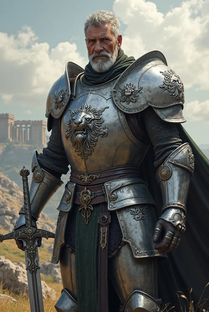 Ancient Knight in Armor, from a bygone era where they fought with swords and magic, He wears silver armor with shades of black, His case represents a lion, And he has a sword  