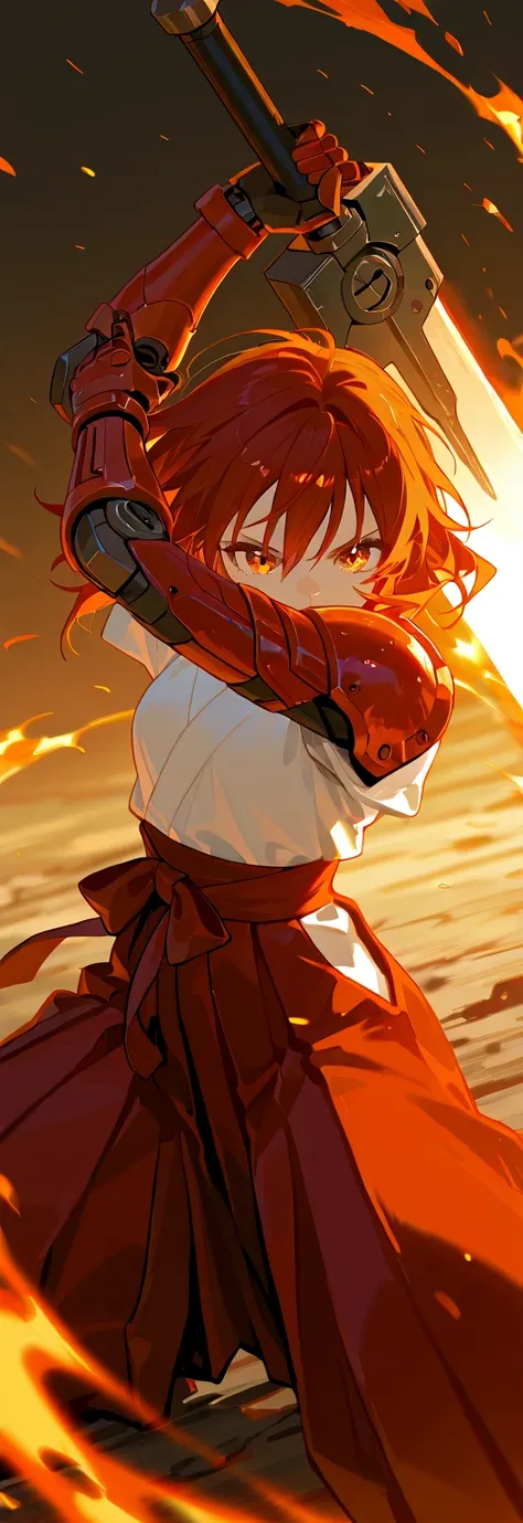 (best quality), high detailed, holding sword, (big weapon), (attack stance:1.1), action pose, oversized iron sword, Girl, mechanical arm, burning arm, Ruby blade, (Slash), serious, hakama, beautiful eyes, super fine eyes, Close-up