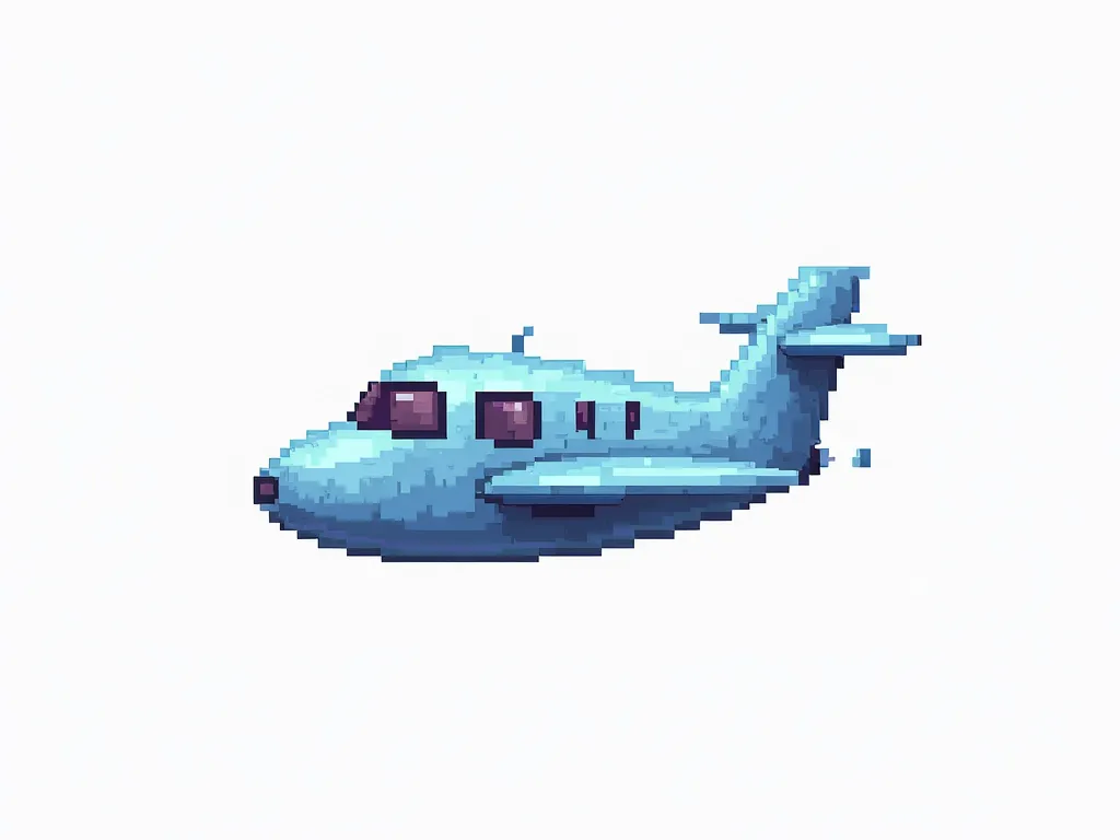 create an image of a small fuselage with small blue wings according to Pixel art effect, Horizontal image like flying takes idea from falppy bird game, with white background