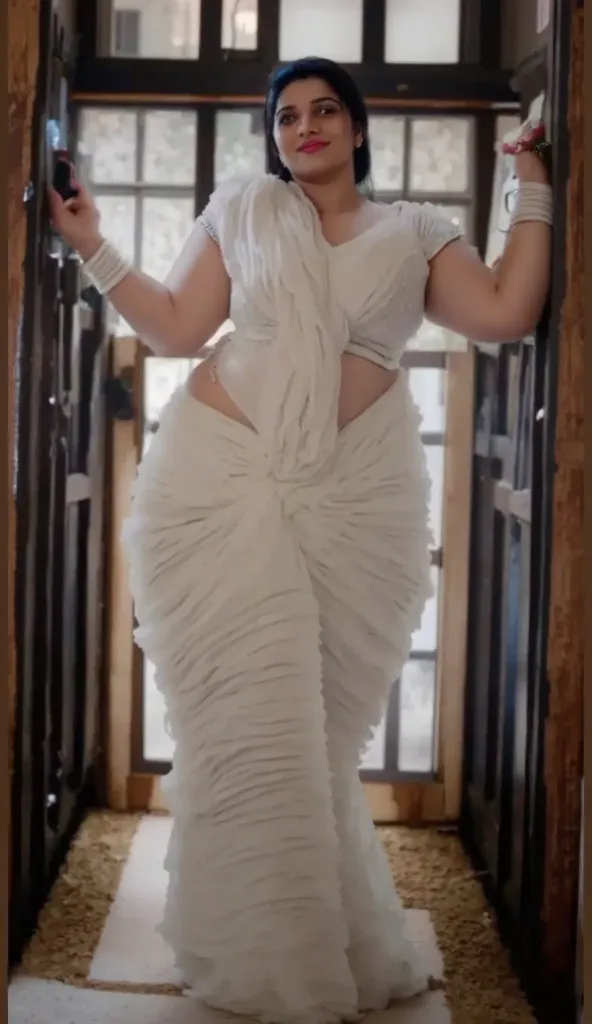 a beautiful curvy plus size young indian bhabhi with fleshy arms, wide belly, big thighs awoman in a white sari standing in a doorway, a digital rendering inspired by Ambreen Butt, tumblr, arabesque, she has a jiggly fat round belly, cinematic goddess body...