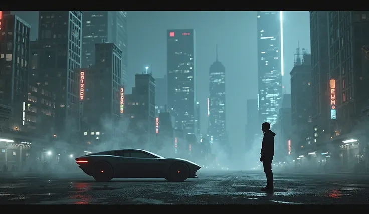 futuristic buildings in the fog at night with lights on, blade runner 2049,a man stands near a futuristic car and looks into the distance, like a scene from blade runner, bladerunner apartment, foggy dystopian world, octane render. fog, blade runner vibes,...