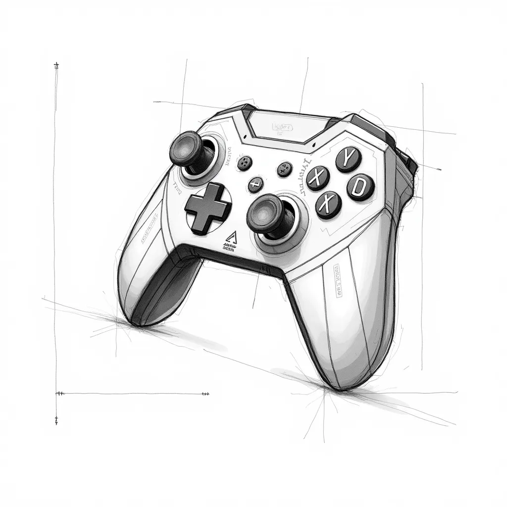 A rough industrial design concept sketch of a high-performance PC gaming controller. 
Hand-drawn with pencil or marker, featuring bold and dynamic lines, exploded views, and ergonomic grip studies. 
The sketch highlights key design elements: Hall Effect jo...