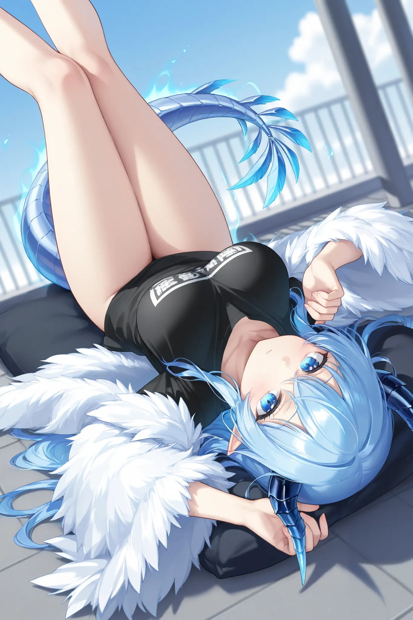 Best Picture Quality、high resolution、 diamond blue hair 、 blue eyes、Feather coat、 day、Alien Tail、 Dragon Horn、rooftop、、   black t-shirt 、beautiful breasts、  best thighs、Blue aura、  long hair、best image quality、Knee pillow