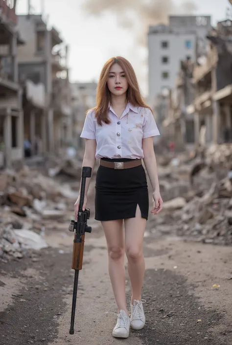 ยhotograph of a young Asian woman with fair skin, long auburn hair. She wears a dirty white short-sleeved blouse, brown university belt, short black pencil skirt with side slits and white sneakers. She holds a riffle. The background เป็นใจกลางเมืองหลวงที่โ...