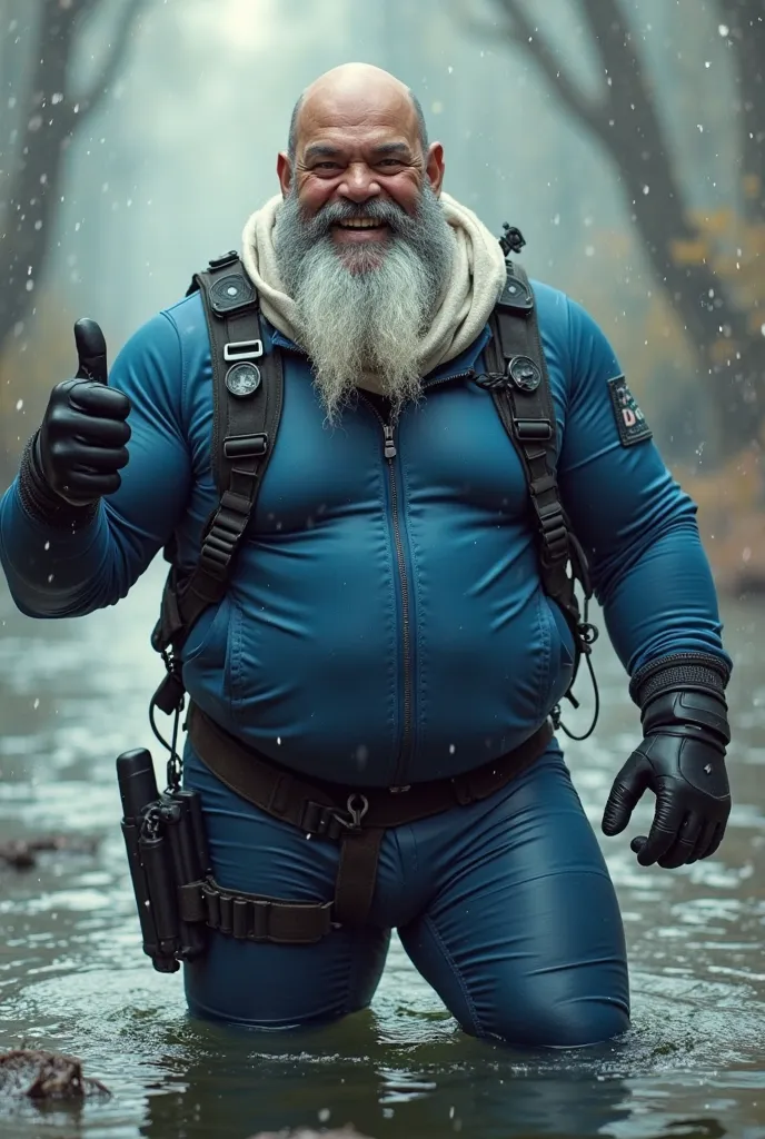 (A rugged beefy extremely muscular bulky laughing bald sikh old man), (wearing blue fully-zipped fullbody wetsuit), thumbs up pose, wearing bulky harness, wearing bulky scuba gear, wearing white hero scarf, muscular physique, toned muscles, fierce, heroic,...