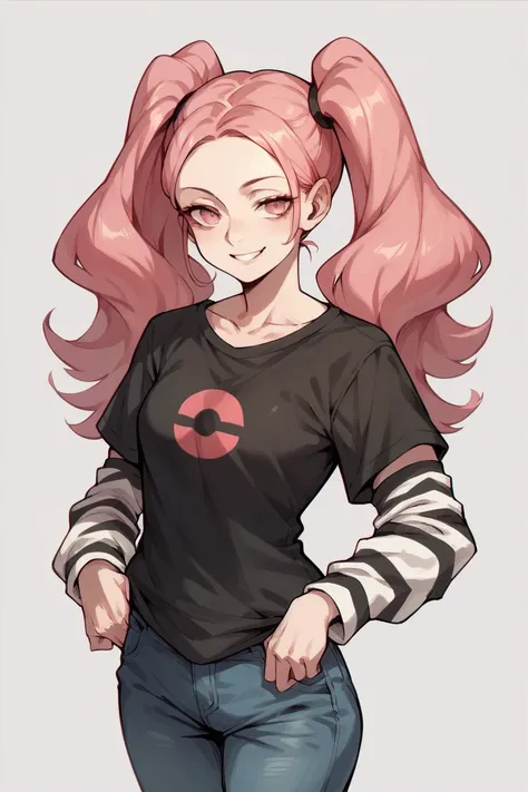 1 girl, solo, black short sleeve t-shirt, layered sleeves, white long sleeves, jeans, defHilda, pink hair, pink eyes, twintails, black t-shirt over white long sleeves, confident smile, black and white stripes