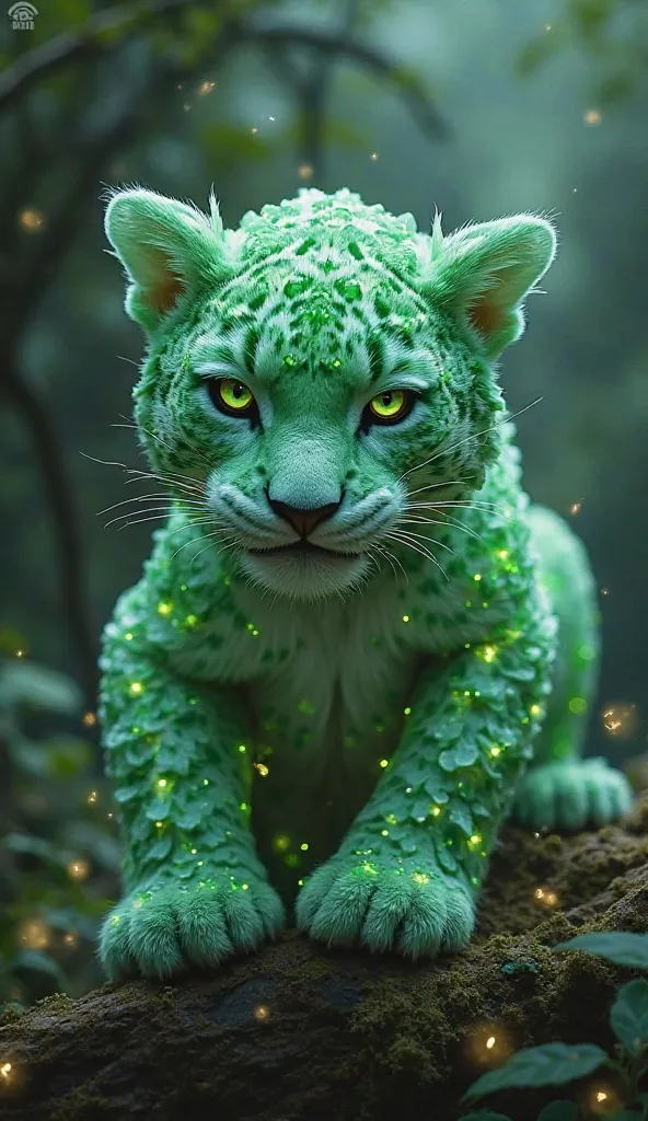 Create a hybrid creature, , , a great combination of leopard and jade . cute sweet joyful The body of the puffy leopard cubs is decorated with jade-like plates and glowing green veins, pose running along its elegant frame.  His fur is interspersed with glo...