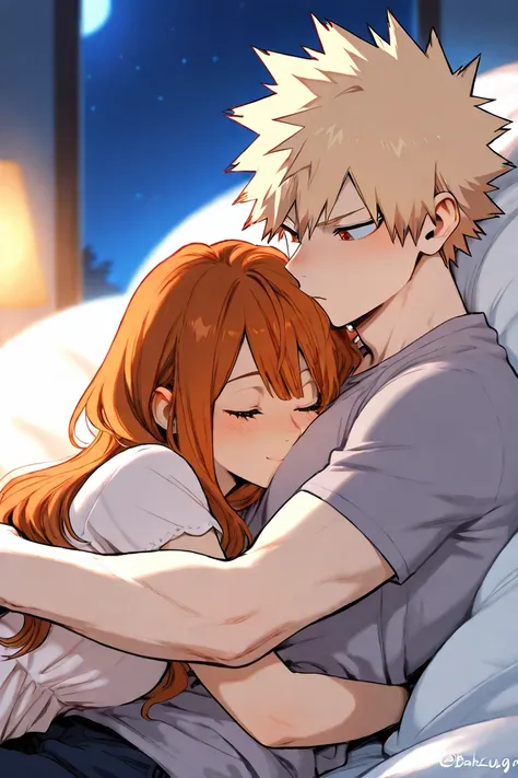 bakugo katsuki, girl with long auburn hair, couple, cute, snuggling, moonlight