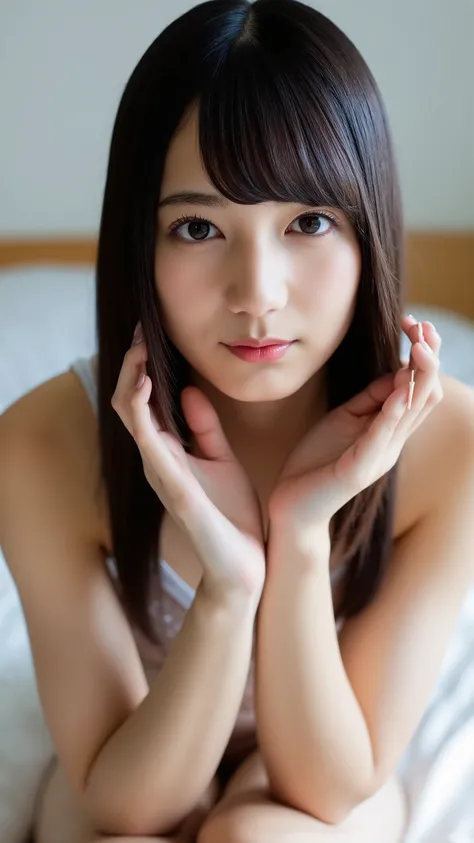 The high resolution photograph of a Japanese young woman, realistic, photo-realistic, masterpiece, best quality, intricate details, extremely detailed, sharp focus, professional lighting, (front view, view from below:1.3), solo, 1girl, (sitting on a bed:1....