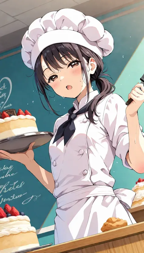 （best quality), high school students, a girl , solo, (lovely), (wearing beautiful detailed pastry chef clothes), black Hair, comb over hair, low ponytail hairstyle, {Narrowed eyes, cool brown eyes: 1.2}, ((flat breasts)), background is the pastry shop, det...