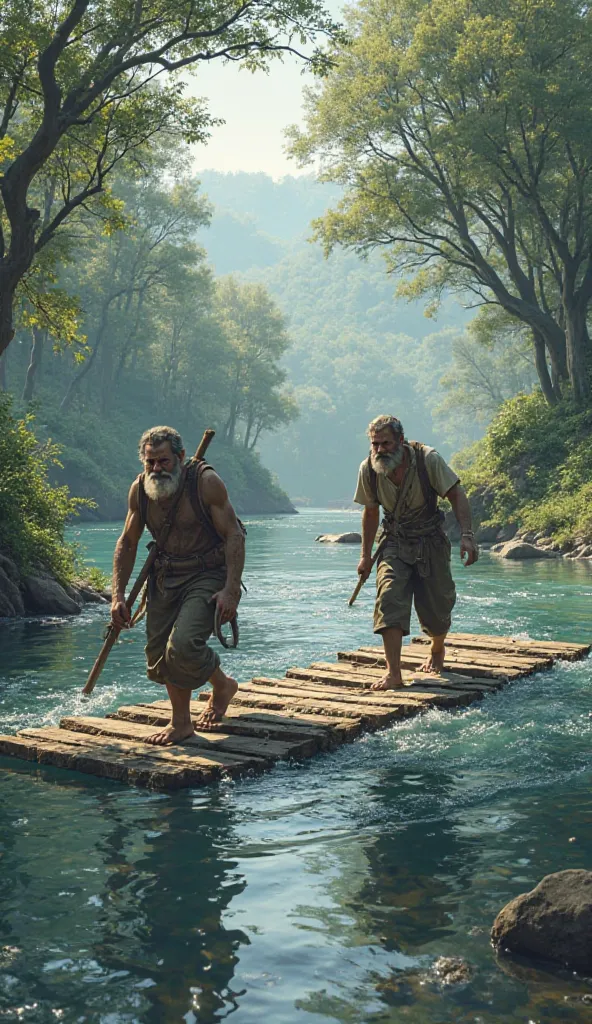 Create real image: a river, two men and planks 