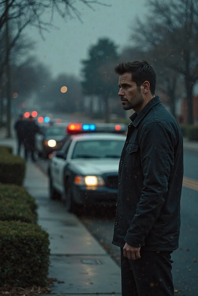 The police chase: A man watching with tension as a patrol car slowly passes in front of his house, with officers looking at him in a threatening way.