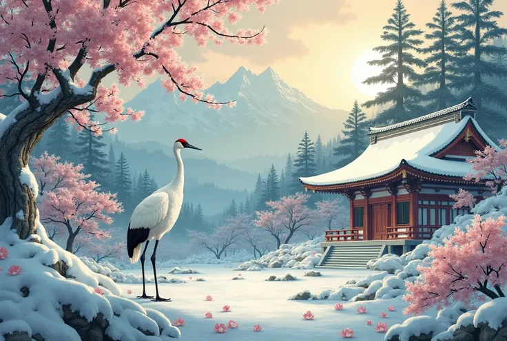  Snow Scenery 、 Shochikubai、Crane、 Ukiyo-e、 Landscape、Mountain、High Quality Creating a Shrine,4K,Photographic realism,Ultra fine,professional at the end of the hose,HDR,Studio Lighting,Extreme detail,vivid color,ボケ味巨大な雪Mountain,Pine Forest,Camellia and Plu...