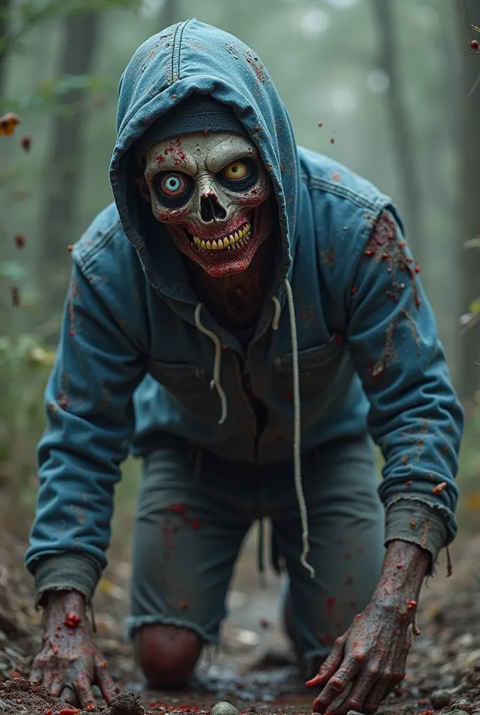 He’s a mutilated, decomposing  with rotting skin and pitch-black eyes with white pupils. His lower body is completely gone, leaving exposed entrails where it was ripped off. He wears a torn, dirty, blood-stained blue hoodie and a grimy black cap. Using his...