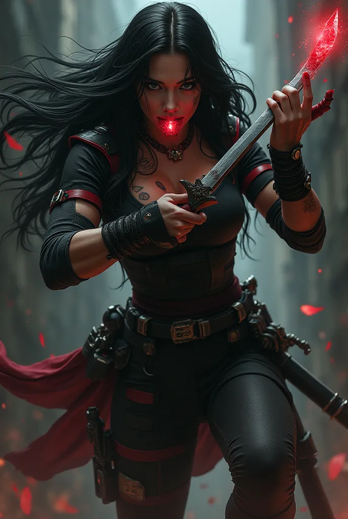 "An American female ninja with a Gothic aesthetic, wearing a black tactical costume with red details, combining functionality and a sinister touch. His long black hair flows In the air as she leaps with deadly agility. Her body is covered by scars and arca...