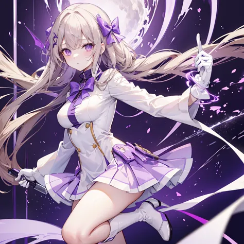 ((1 woman)) She has light skin, Very light brown long hair, purple eyes, a purple bow clip on one lock of her hair, long straight purple skirt, white turtleneck shirt, White lab coat with the sleeves rolled up, White gloves, Light brown low boots with whit...