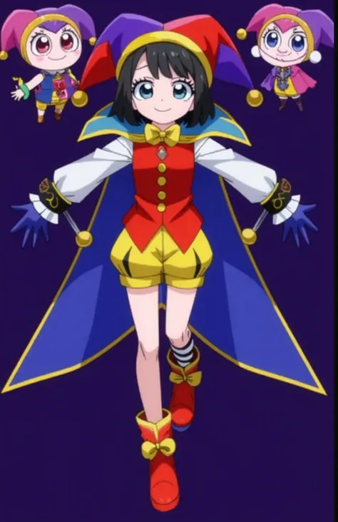 The boy is dressed in a cheerful and colorful jester-inspired costume, featuring multiple bright colors and intricate patterns. He has short light violet hair in a bob cut with bangs, large red or pink eyes, and a happy, mischievous expression. His double-...