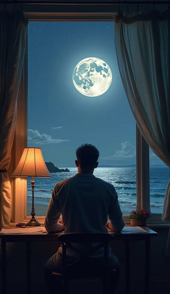 A man writing a book at night at his beach house. He is at the window writing his book and outside we can see the beach, The sea and a beautiful moon 