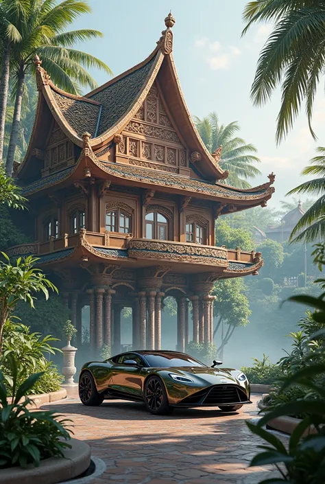 Traditional Malay houses from the era of the Malay Sultanate of Melaka with a modern combination from the future such as holographic and future car like Aston Martin Valkyrie 