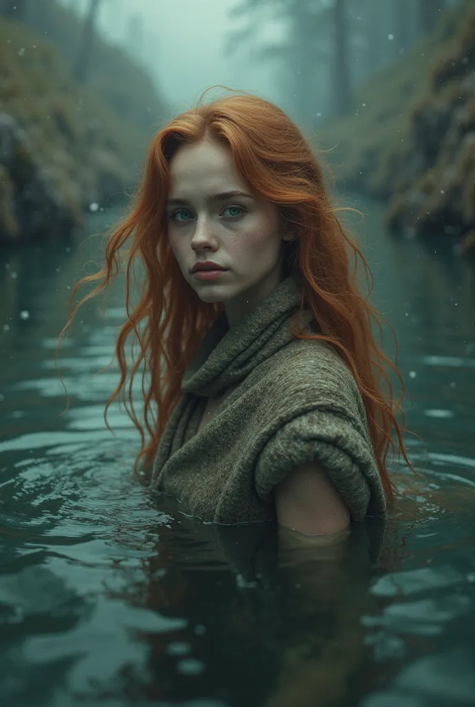  Irish girl with long hair,  wearing winter clothes ,  Partially underwater shot , 