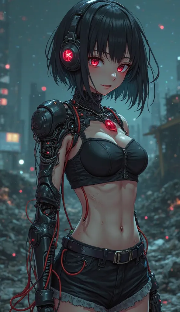 Semi-destroyed girl with short black hair wearing black clothes, a bra On her right arm and leg she has robotic parts with red and black cables, in the chest, an artificial heart and robotic parts and headphones on the face, Environment in an anime-style c...